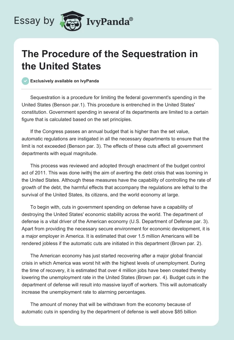 The Procedure of the Sequestration in the United States. Page 1