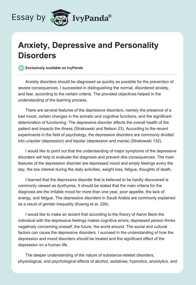 Anxiety, Depressive and Personality Disorders. Page 1