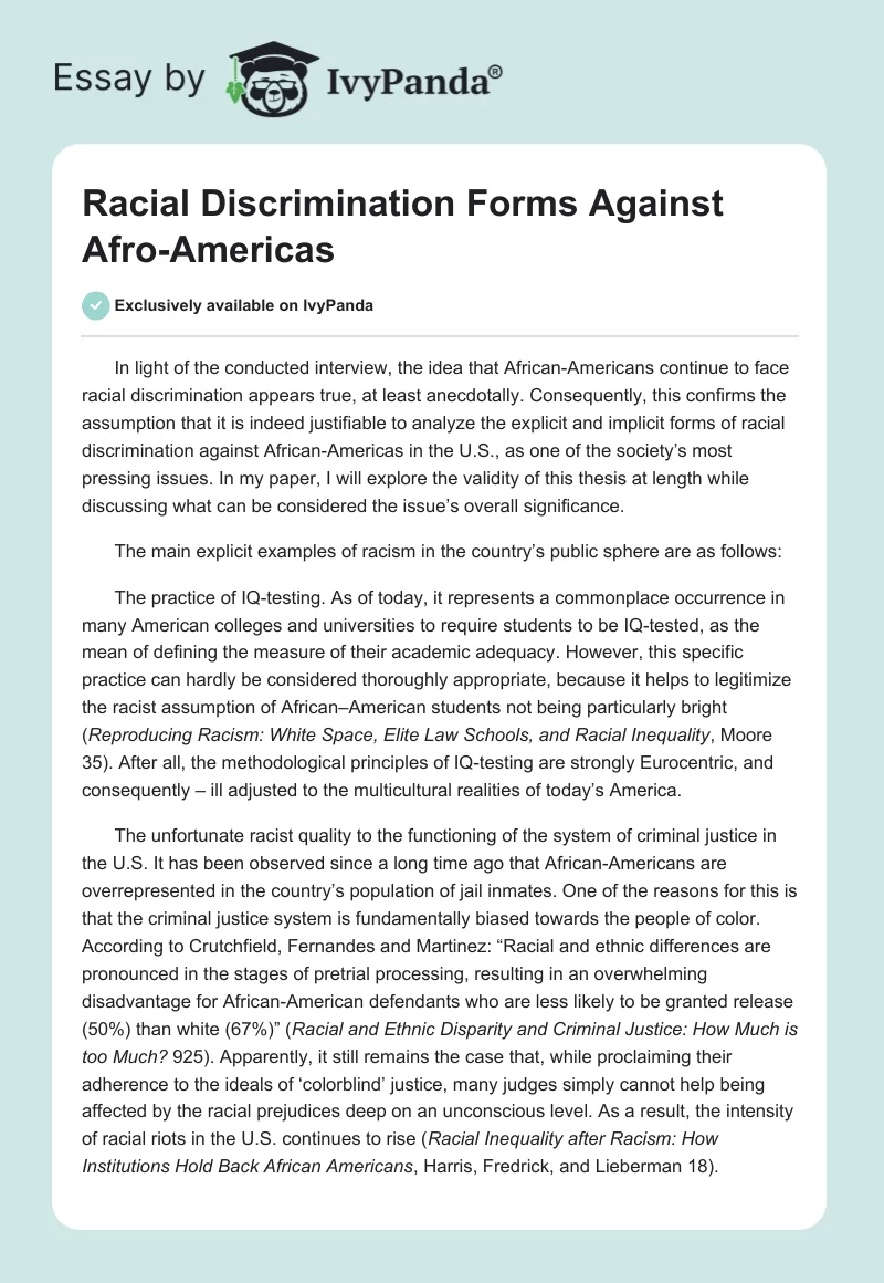 Racial Discrimination Forms Against Afro-Americas. Page 1