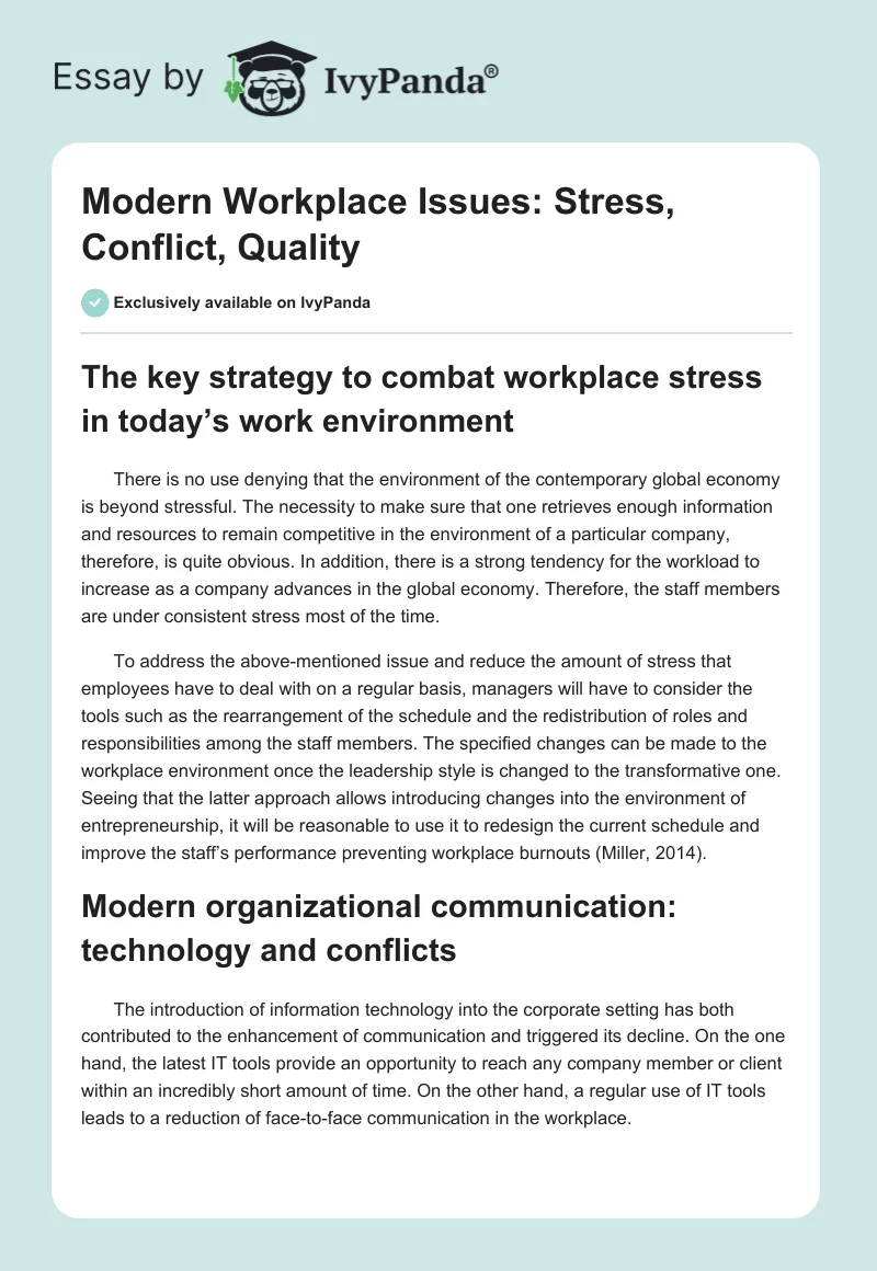 Modern Workplace Issues: Stress, Conflict, Quality. Page 1