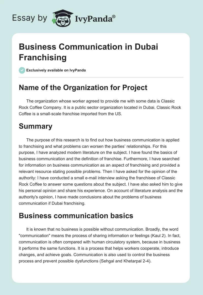 Business Communication in Dubai Franchising. Page 1