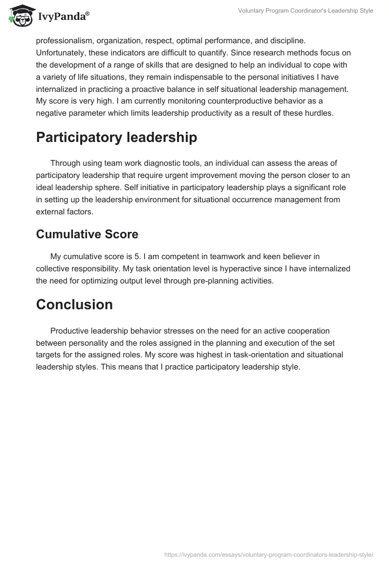 Voluntary Program Coordinator's Leadership Style. Page 4