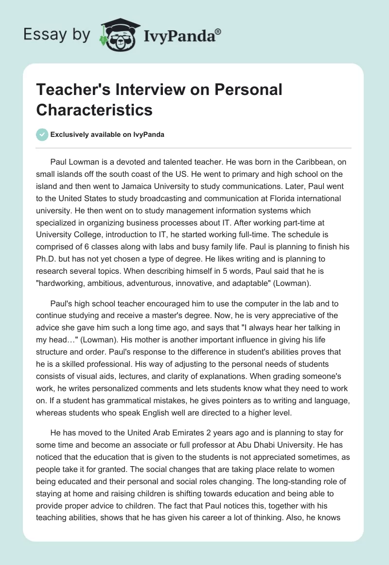Teacher's Interview on Personal Characteristics. Page 1