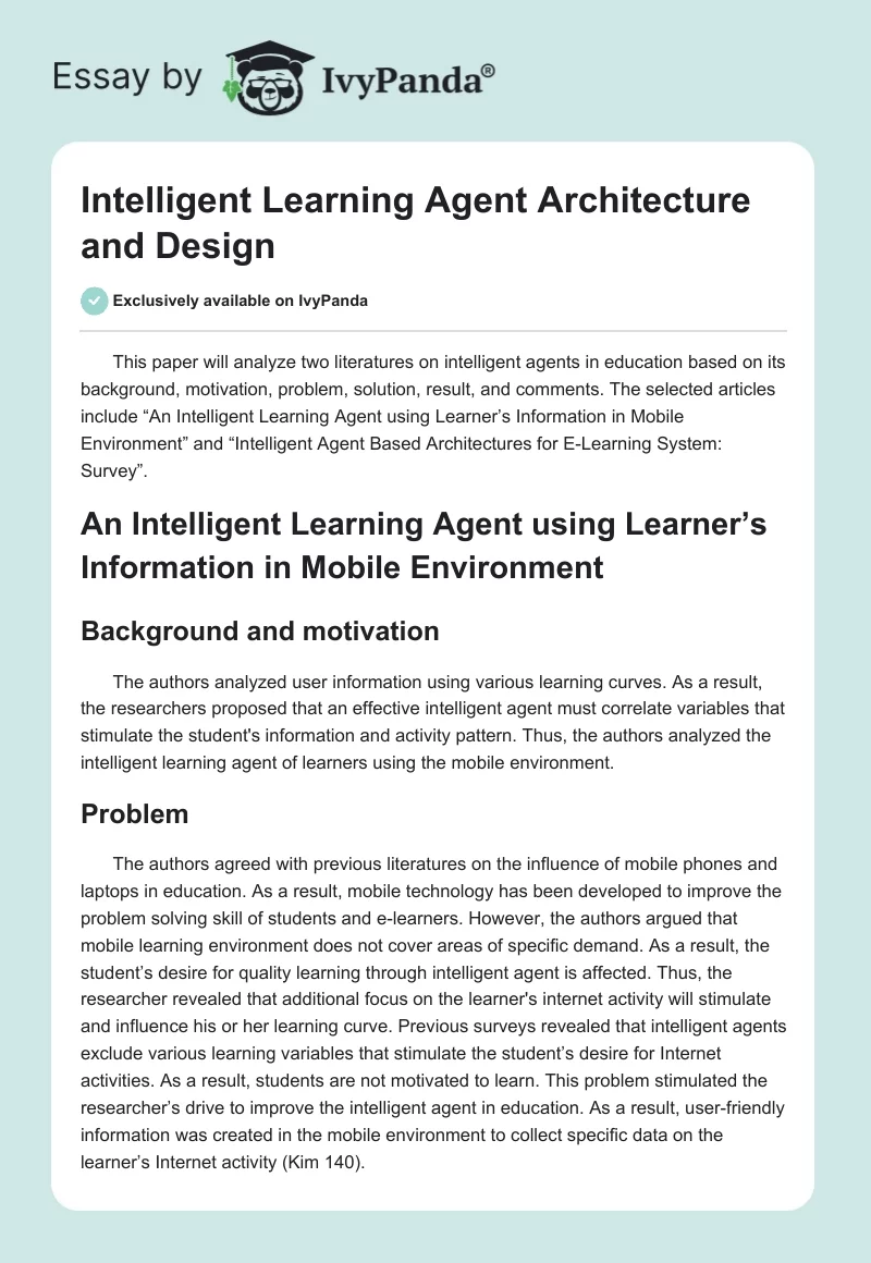 Intelligent Learning Agent Architecture and Design. Page 1