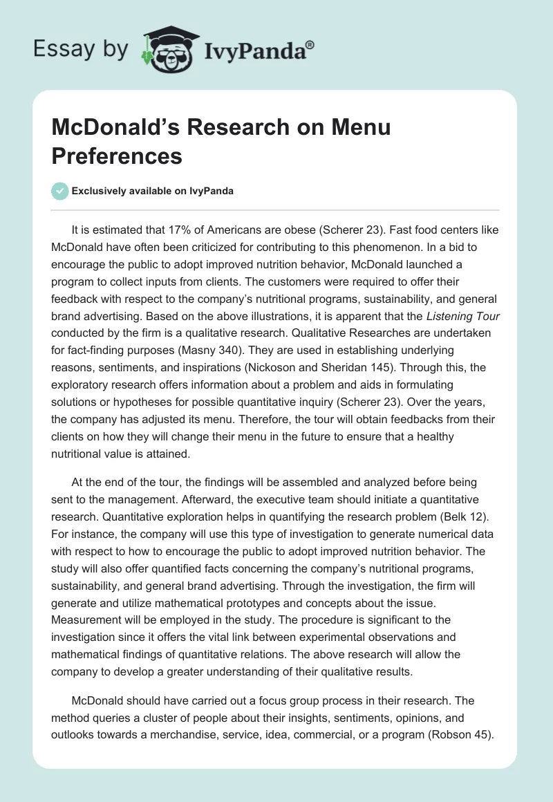 McDonald’s Research on Menu Preferences. Page 1