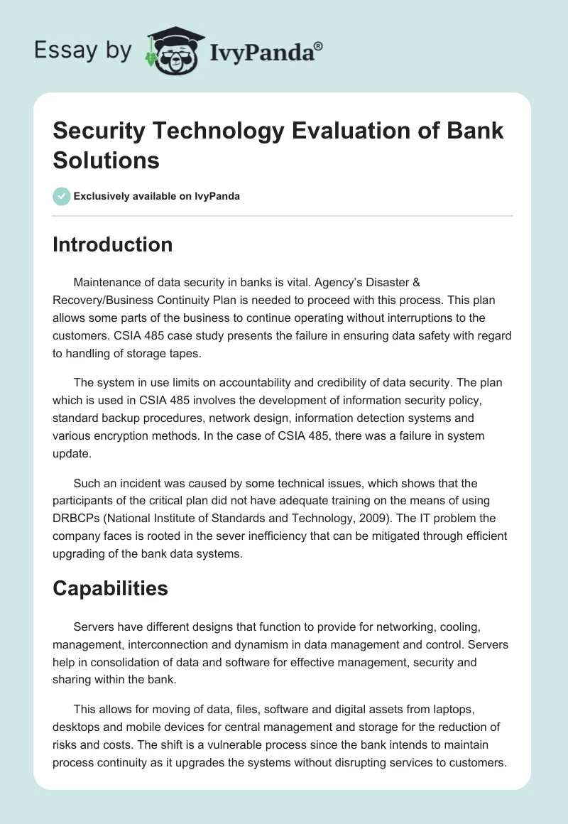 Security Technology Evaluation of Bank Solutions. Page 1