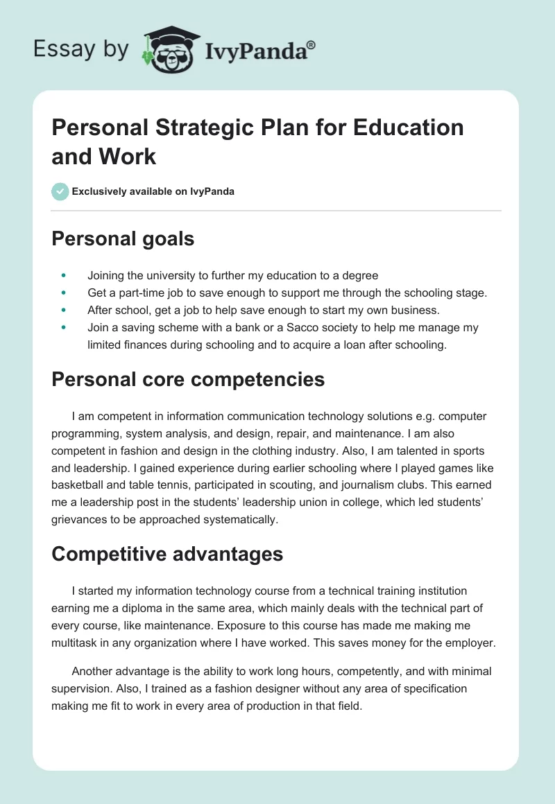 Personal Strategic Plan for Education and Work. Page 1
