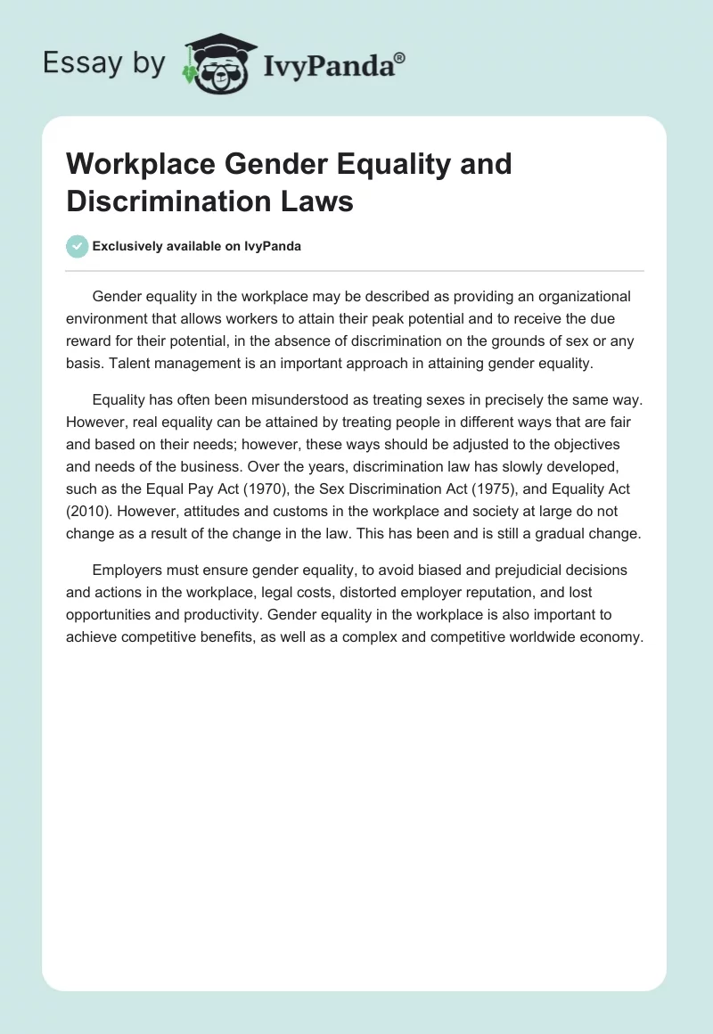 Workplace Gender Equality and Discrimination Laws. Page 1