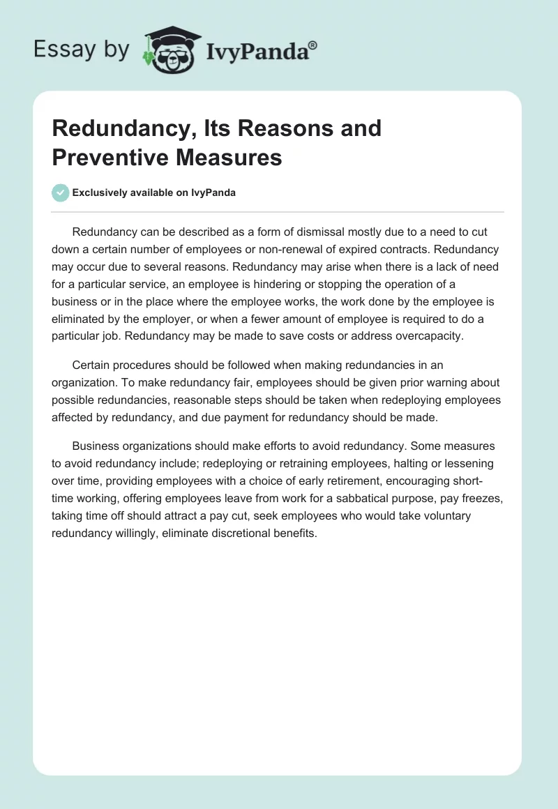 Redundancy, Its Reasons and Preventive Measures. Page 1