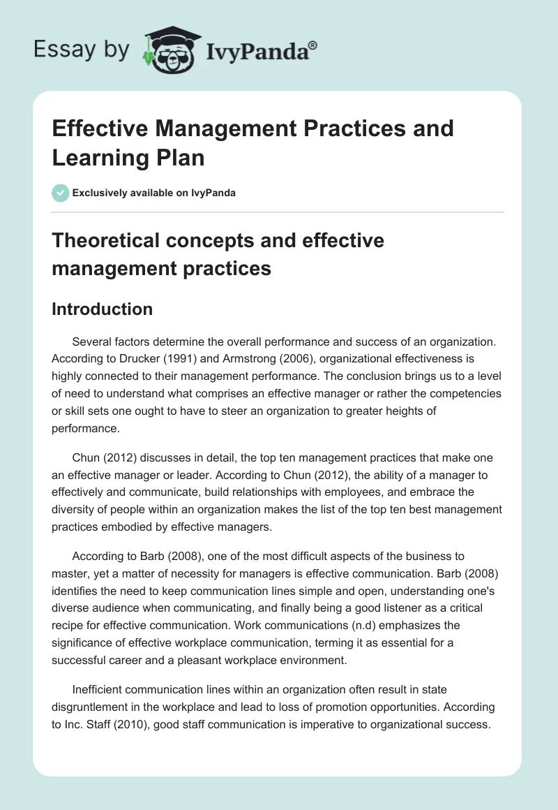 Effective Management Practices and Learning Plan. Page 1