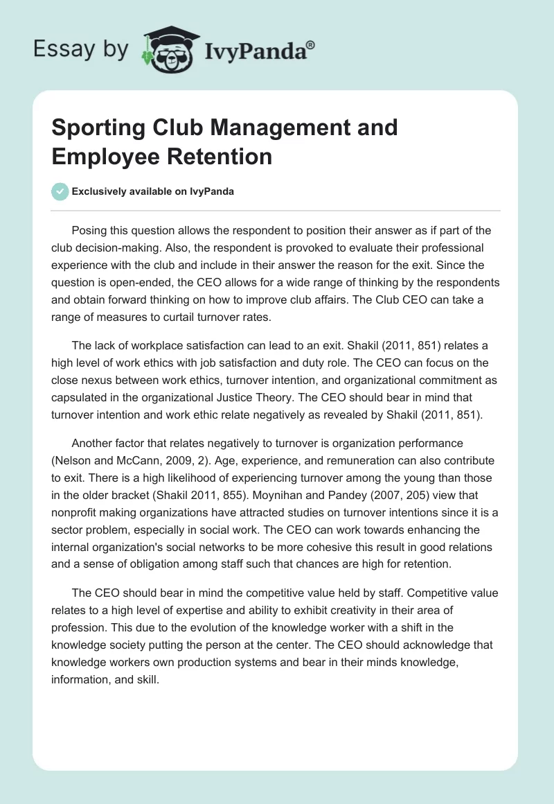Sporting Club Management and Employee Retention. Page 1