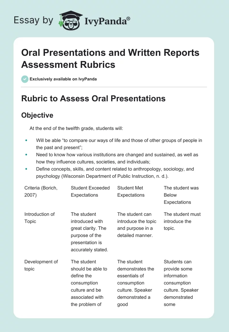 Oral Presentations and Written Reports Assessment Rubrics. Page 1
