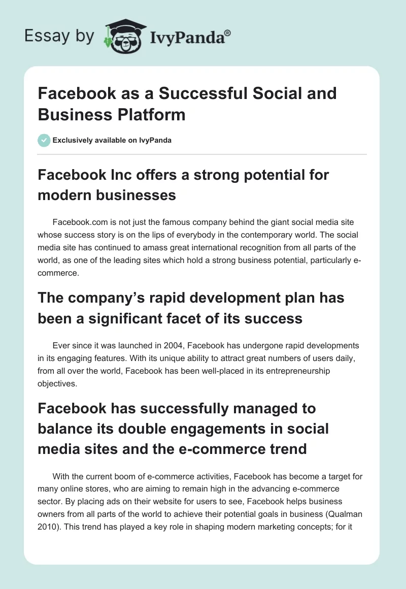 Facebook as a Successful Social and Business Platform. Page 1