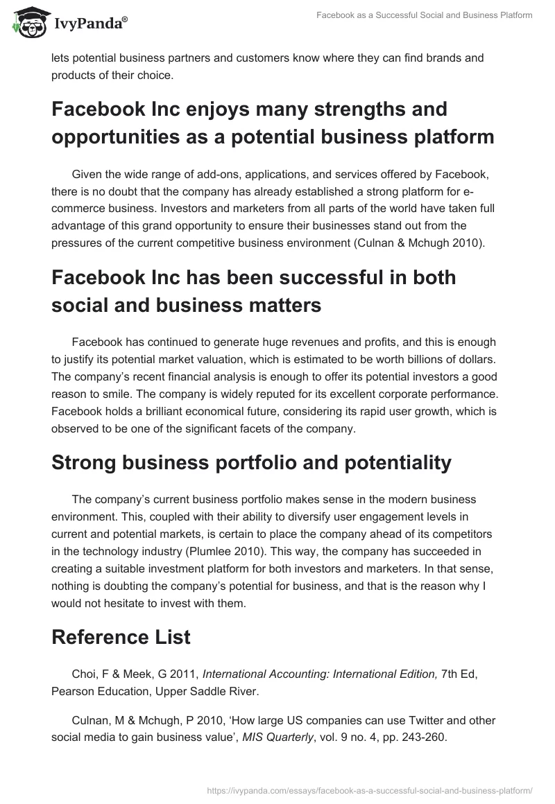 Facebook as a Successful Social and Business Platform. Page 2