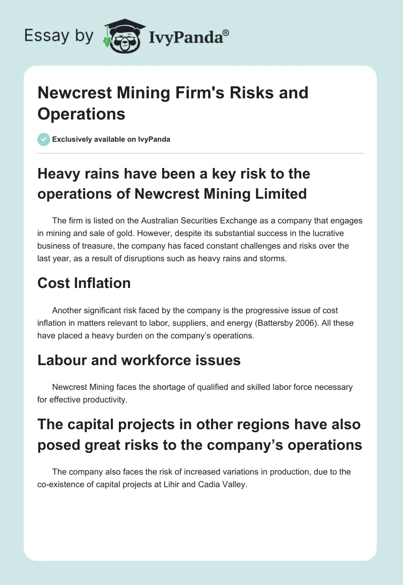 Newcrest Mining Firm's Risks and Operations. Page 1