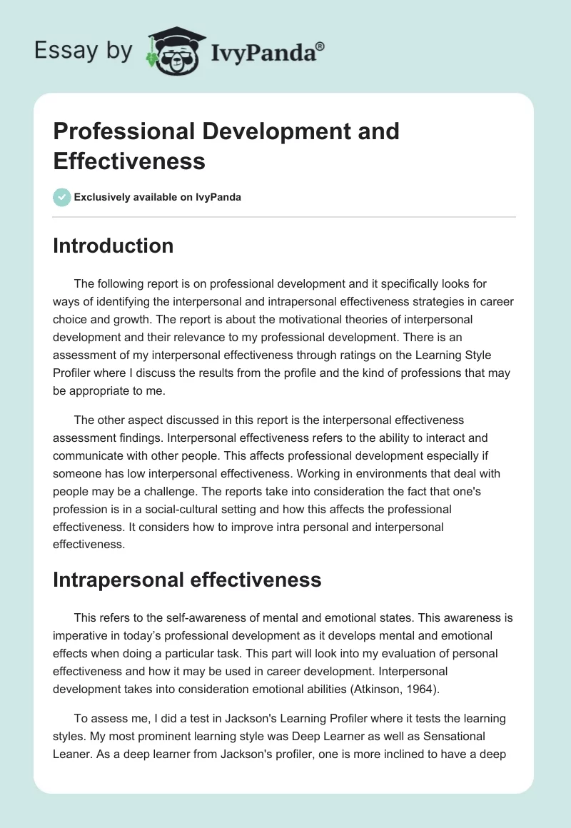 Professional Development and Effectiveness. Page 1
