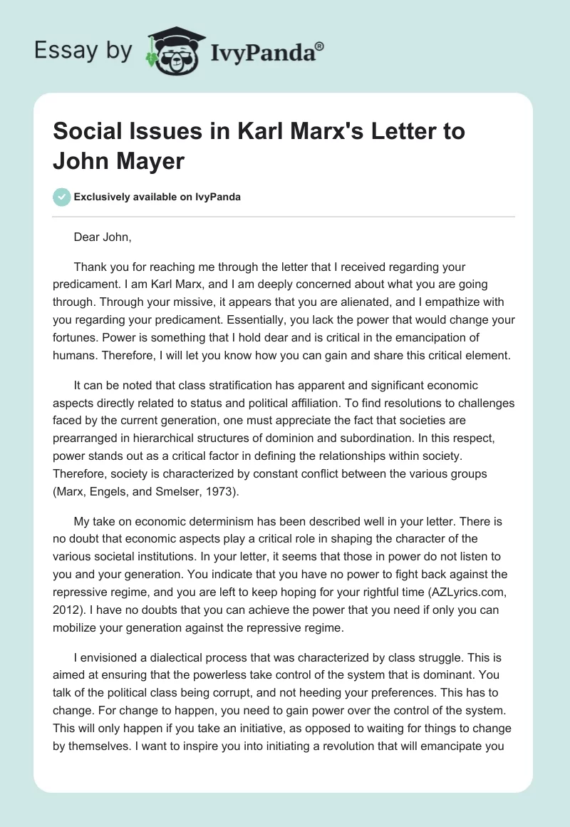 Social Issues in Karl Marx's Letter to John Mayer. Page 1