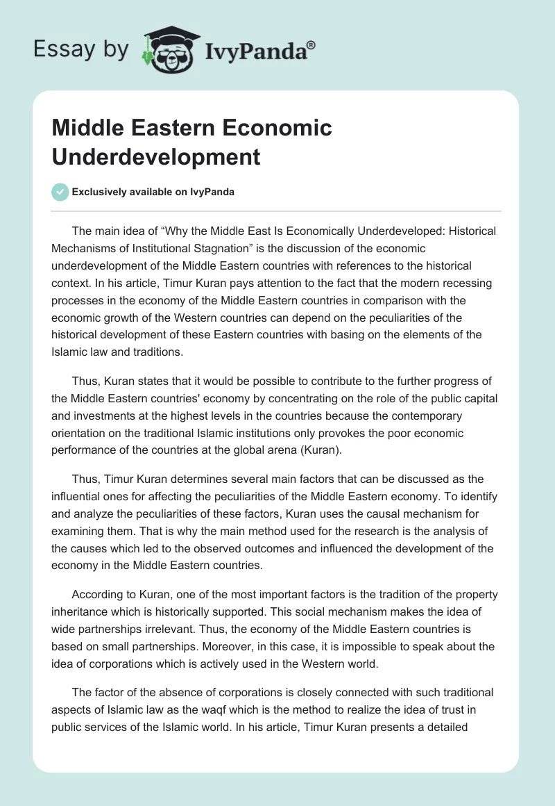 Middle Eastern Economic Underdevelopment. Page 1