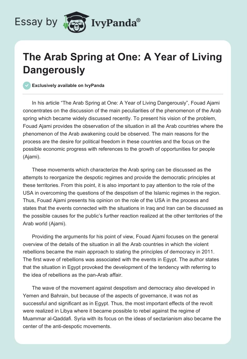 The Arab Spring at One: A Year of Living Dangerously. Page 1