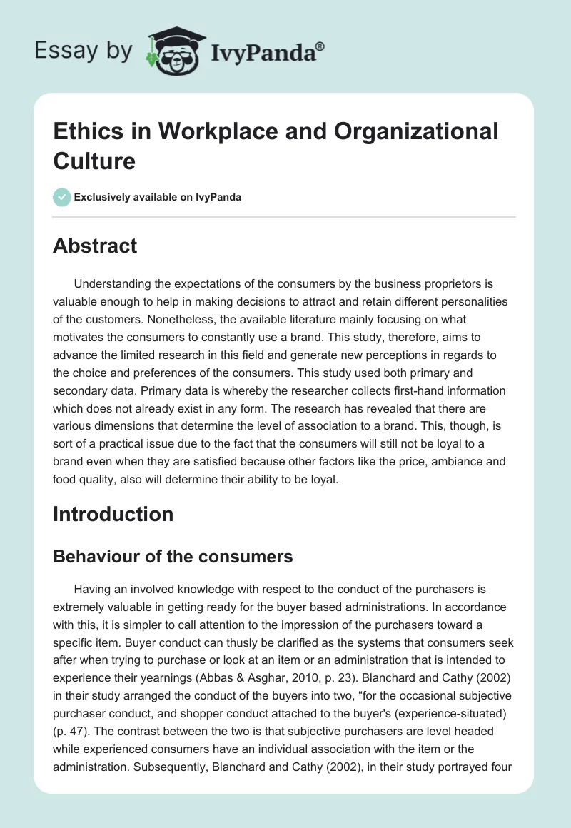 Ethics in Workplace and Organizational Culture. Page 1