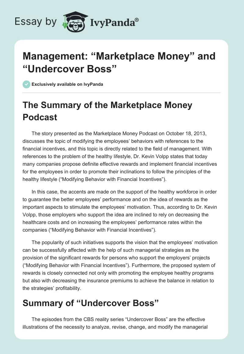 Management: “Marketplace Money” and “Undercover Boss”. Page 1