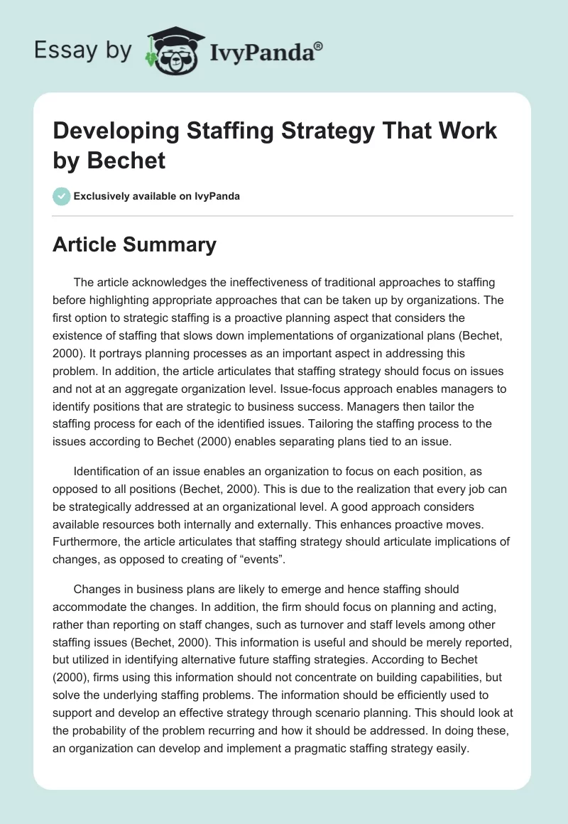 "Developing Staffing Strategy That Work" by Bechet. Page 1