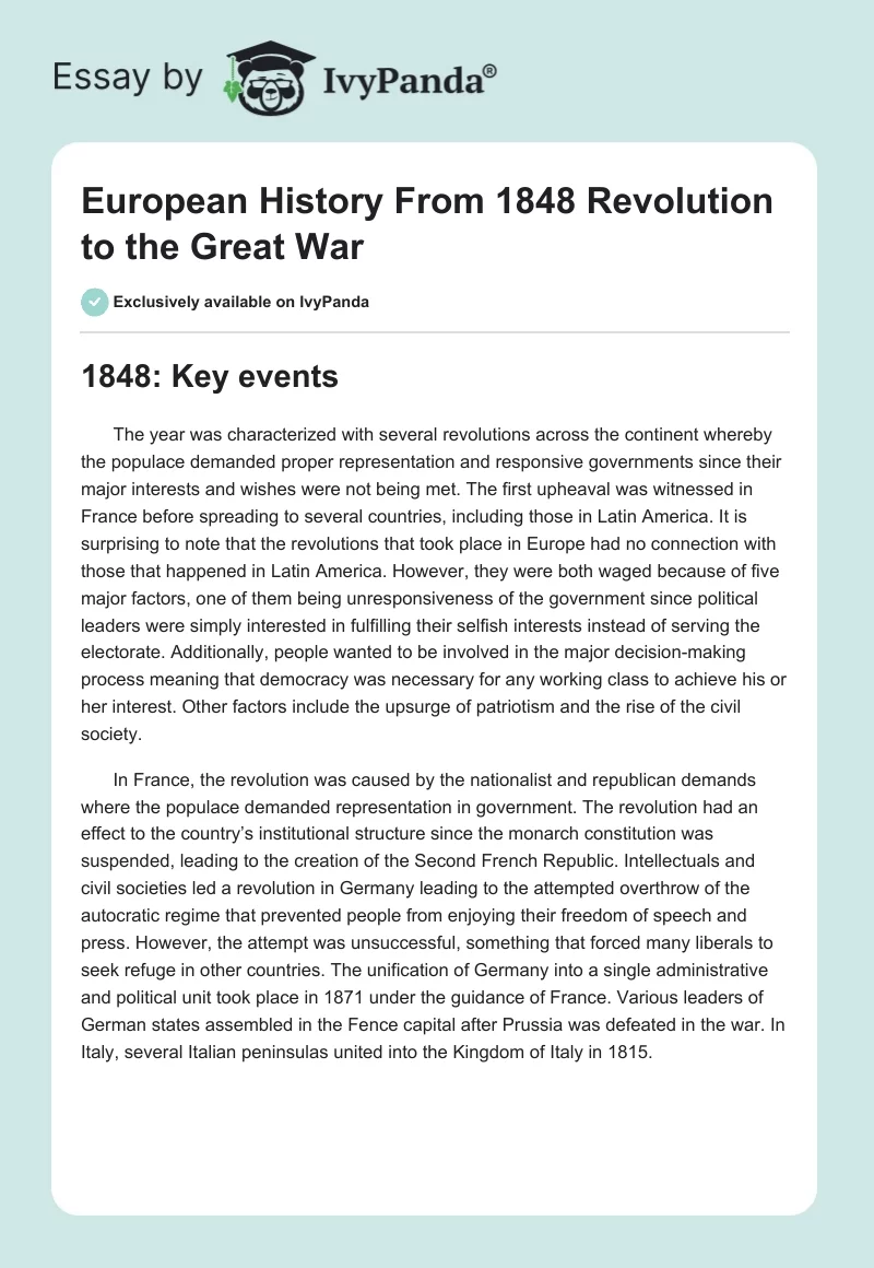 European History From 1848 Revolution to the Great War. Page 1