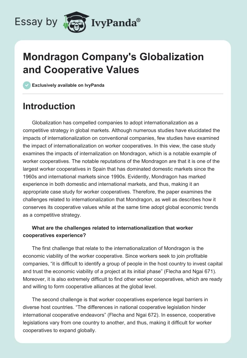 Mondragon Company's Globalization and Cooperative Values. Page 1