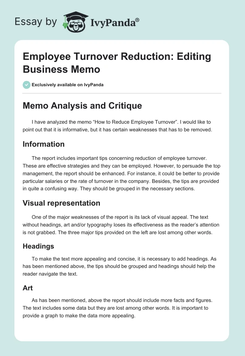 Employee Turnover Reduction: Editing Business Memo. Page 1