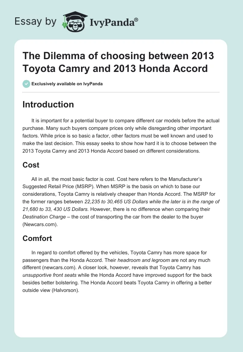 The Dilemma of Choosing Between 2013 Toyota Camry and 2013 Honda Accord. Page 1