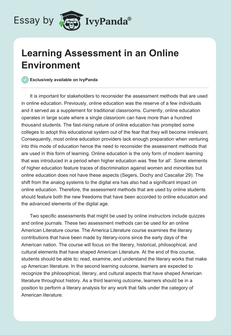 Learning Assessment in an Online Environment. Page 1