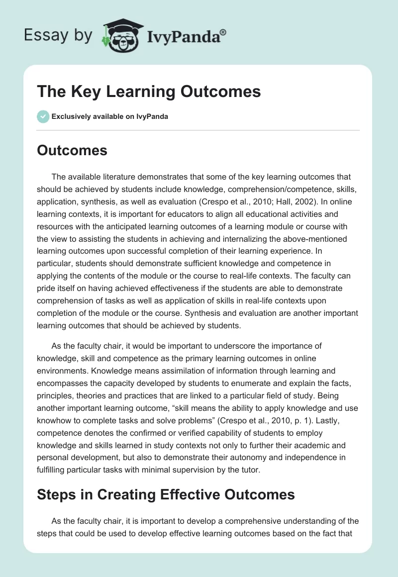 The Key Learning Outcomes. Page 1