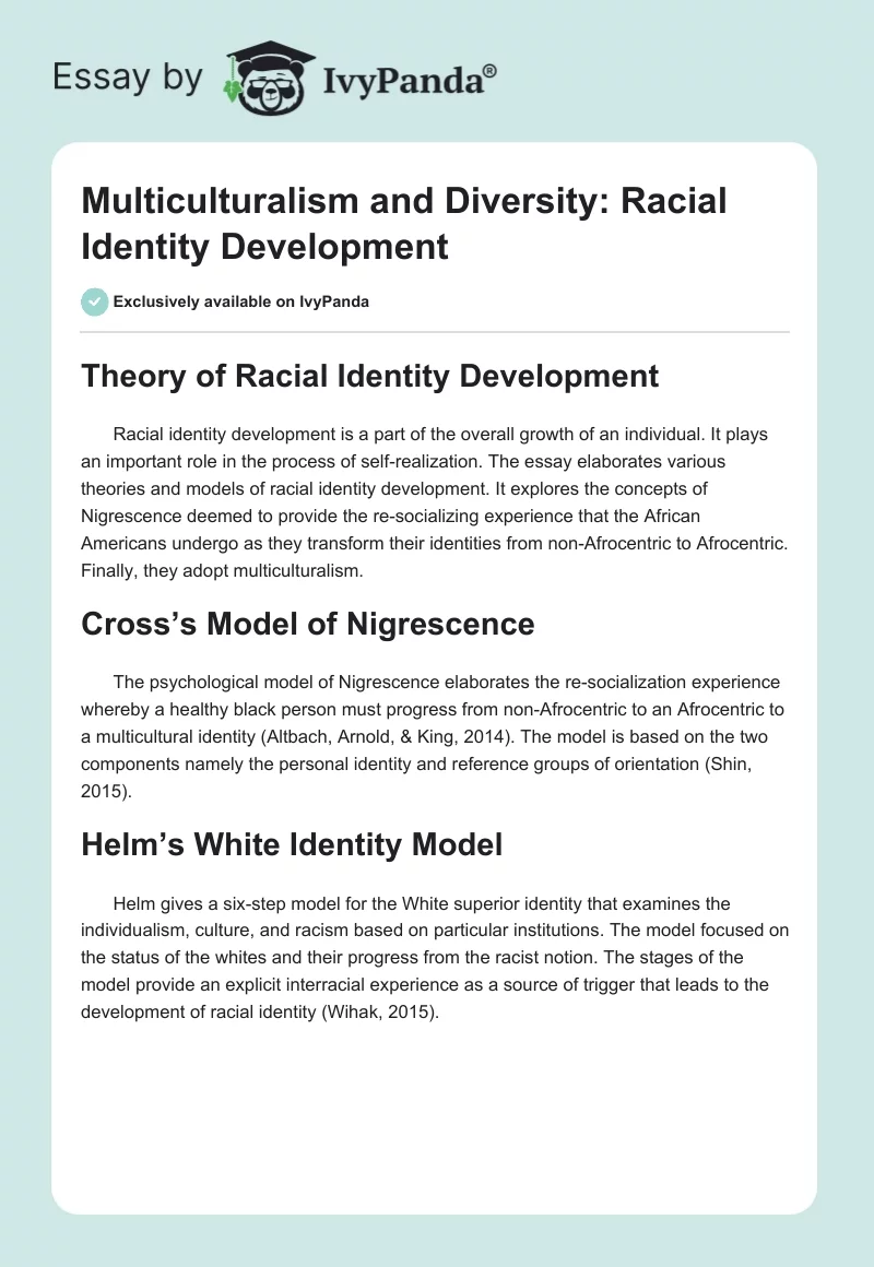 Multiculturalism and Diversity: Racial Identity Development. Page 1