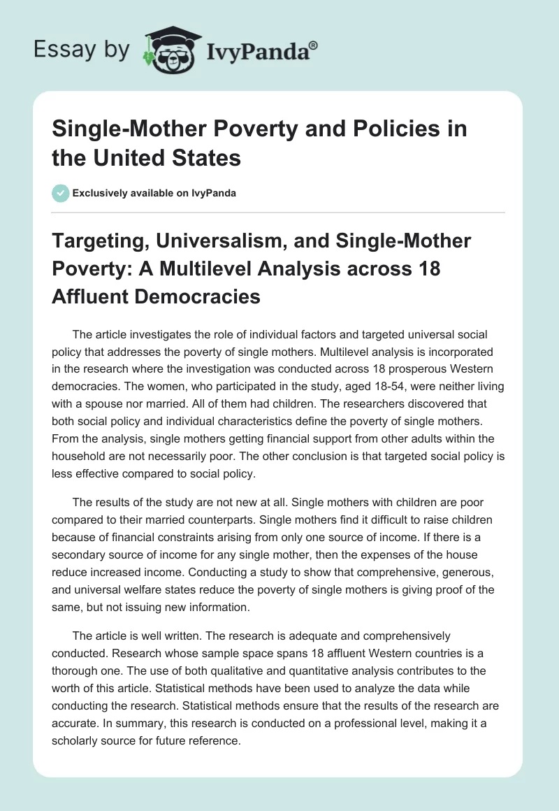 Single-Mother Poverty and Policies in the United States. Page 1