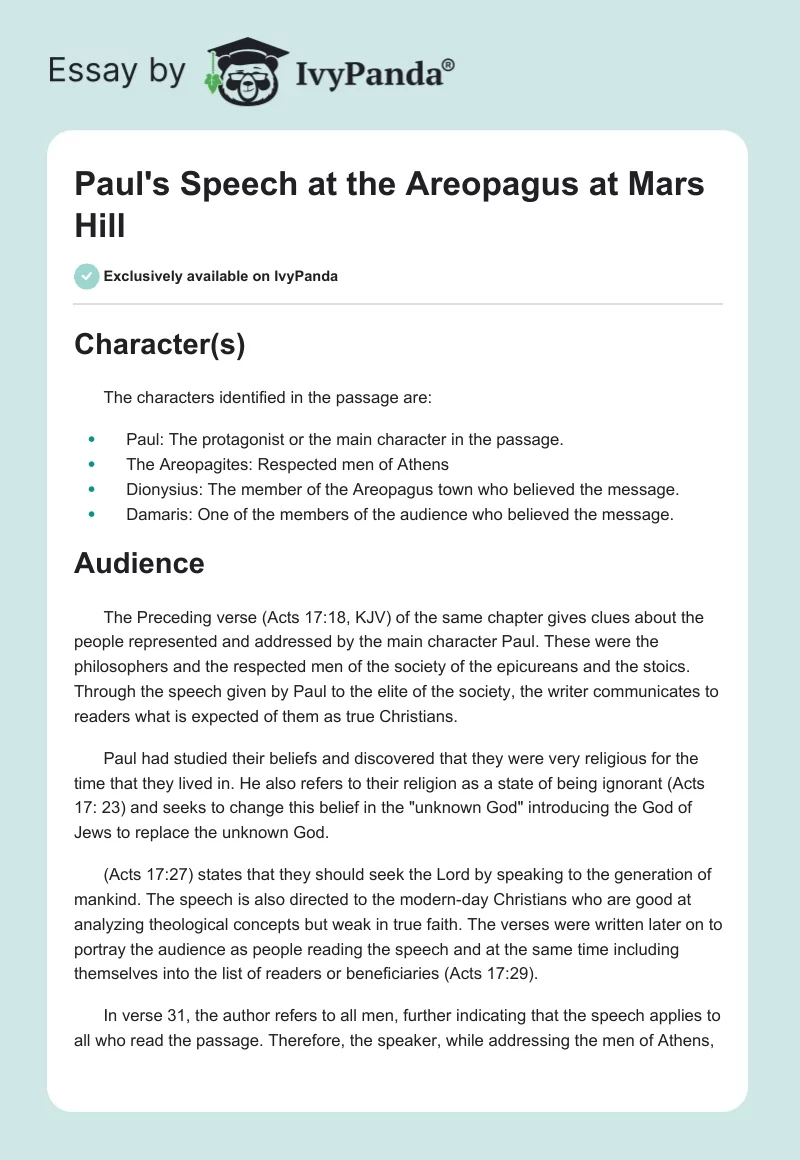 Paul's Speech at the Areopagus at Mars Hill. Page 1
