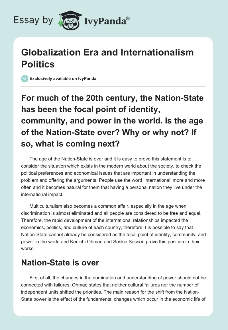 Globalization Era and Internationalism Politics. Page 1