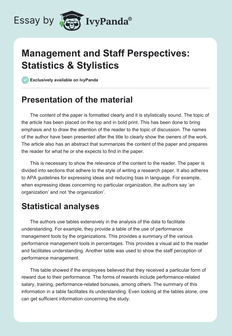 Management and Staff Perspectives: Statistics & Stylistics. Page 1
