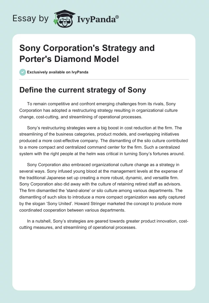 Sony Corporation's Strategy and Porter's Diamond Model. Page 1