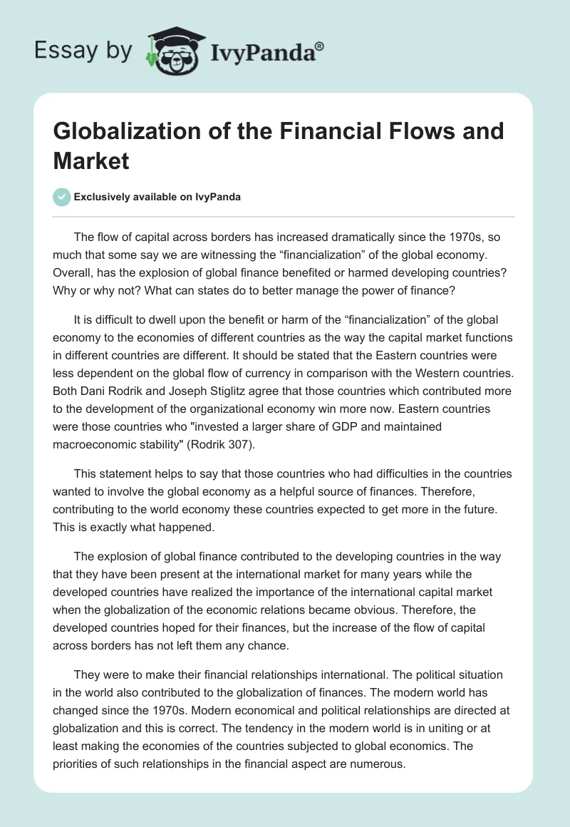 Globalization of the Financial Flows and Market. Page 1