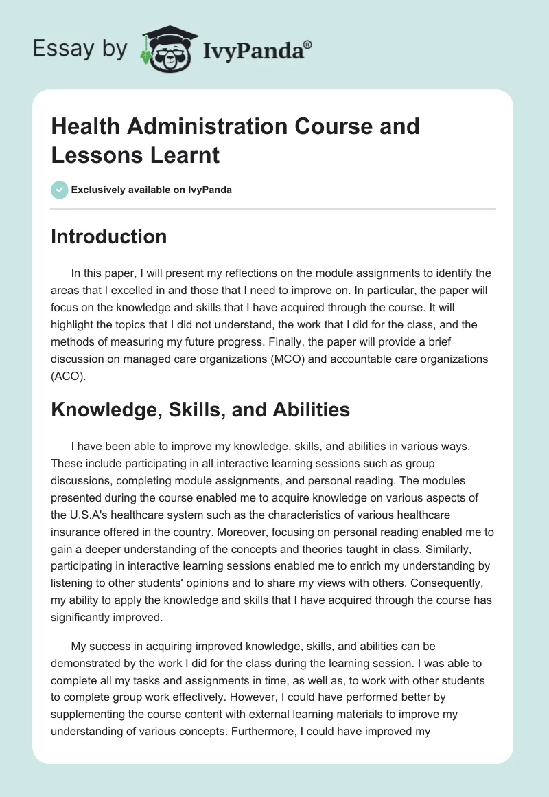 Health Administration Course and Lessons Learnt. Page 1
