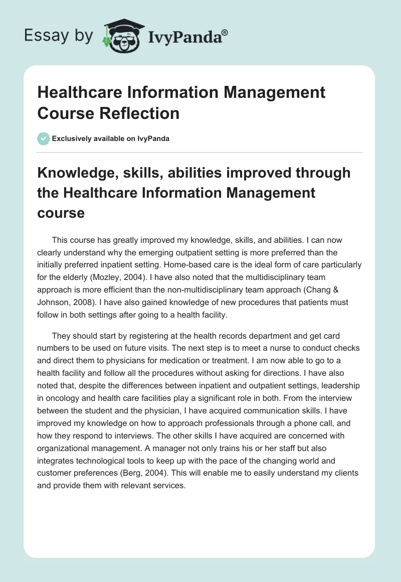 Healthcare Information Management Course Reflection. Page 1