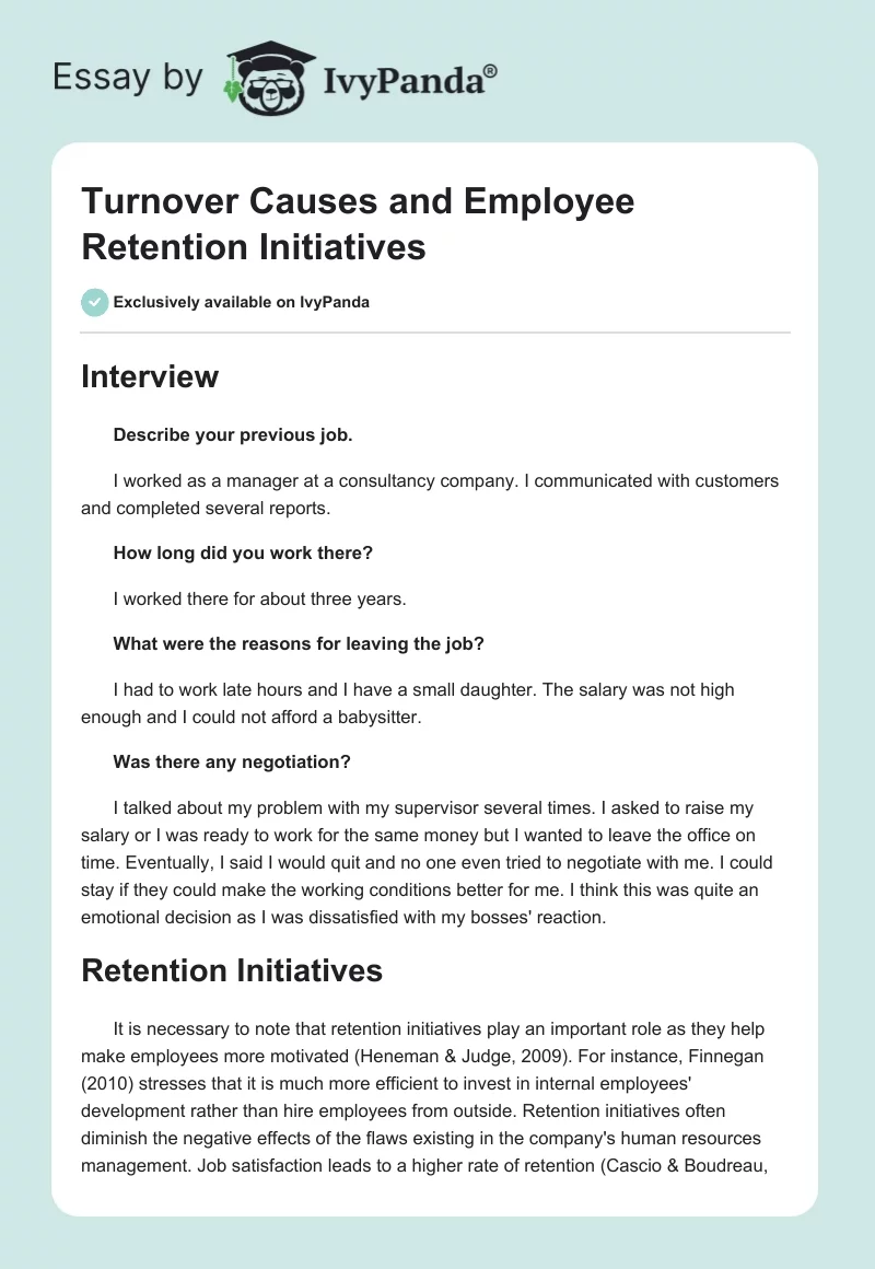 Turnover Causes and Employee Retention Initiatives. Page 1