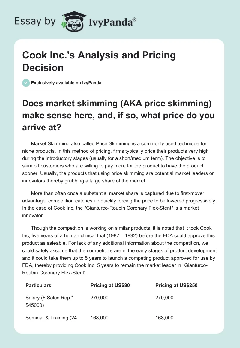 Cook Inc.'s Analysis and Pricing Decision. Page 1