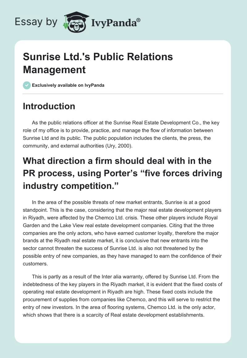 Sunrise Ltd.'s Public Relations Management. Page 1