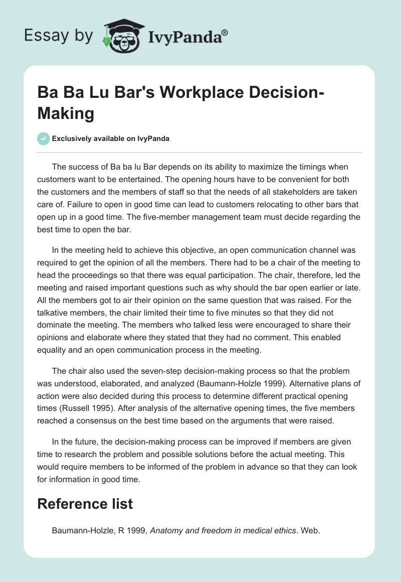 Ba Ba Lu Bar's Workplace Decision-Making. Page 1