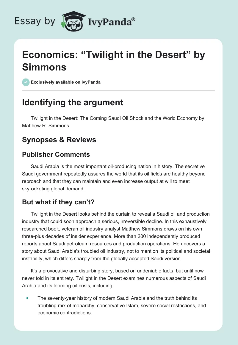Economics: “Twilight in the Desert” by Simmons. Page 1
