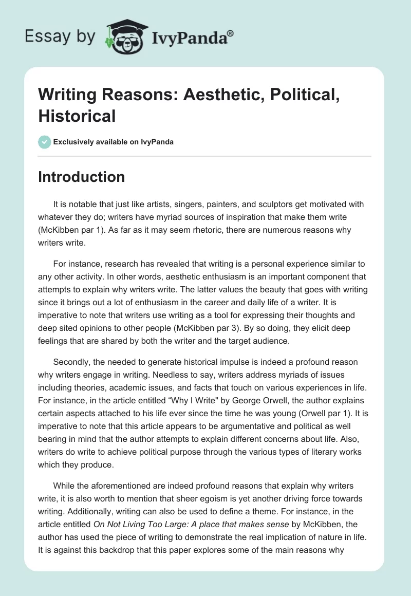 Writing Reasons: Aesthetic, Political, Historical. Page 1