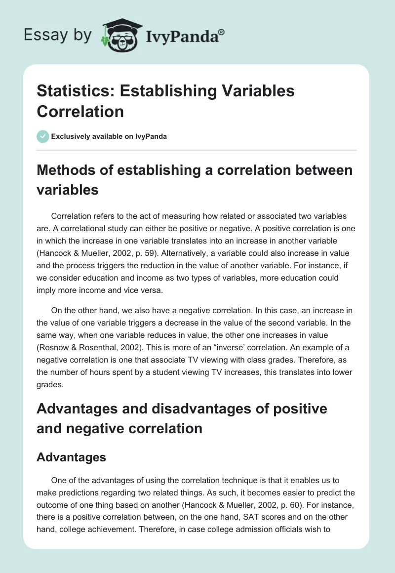 Statistics: Establishing Variables Correlation. Page 1