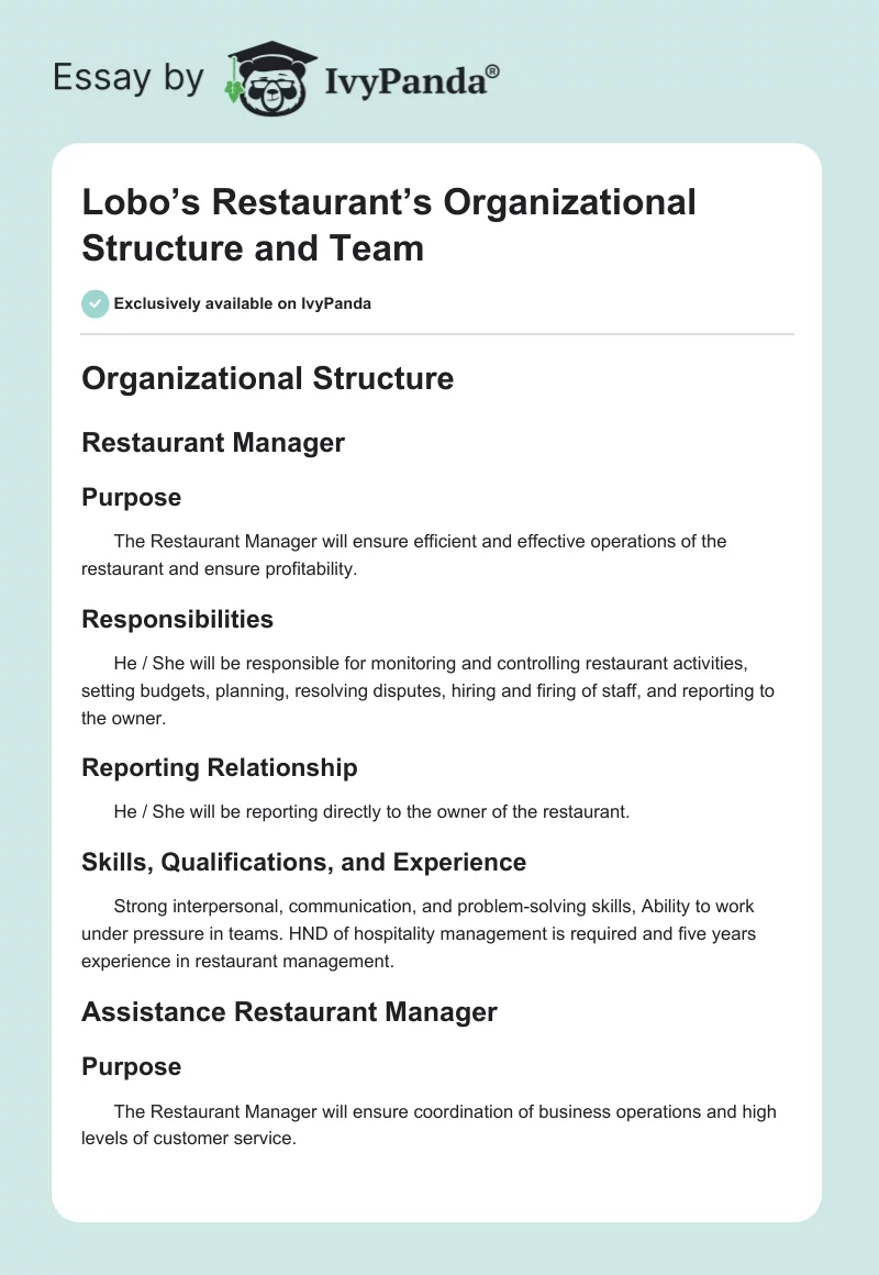 Lobo’s Restaurant’s Organizational Structure and Team. Page 1