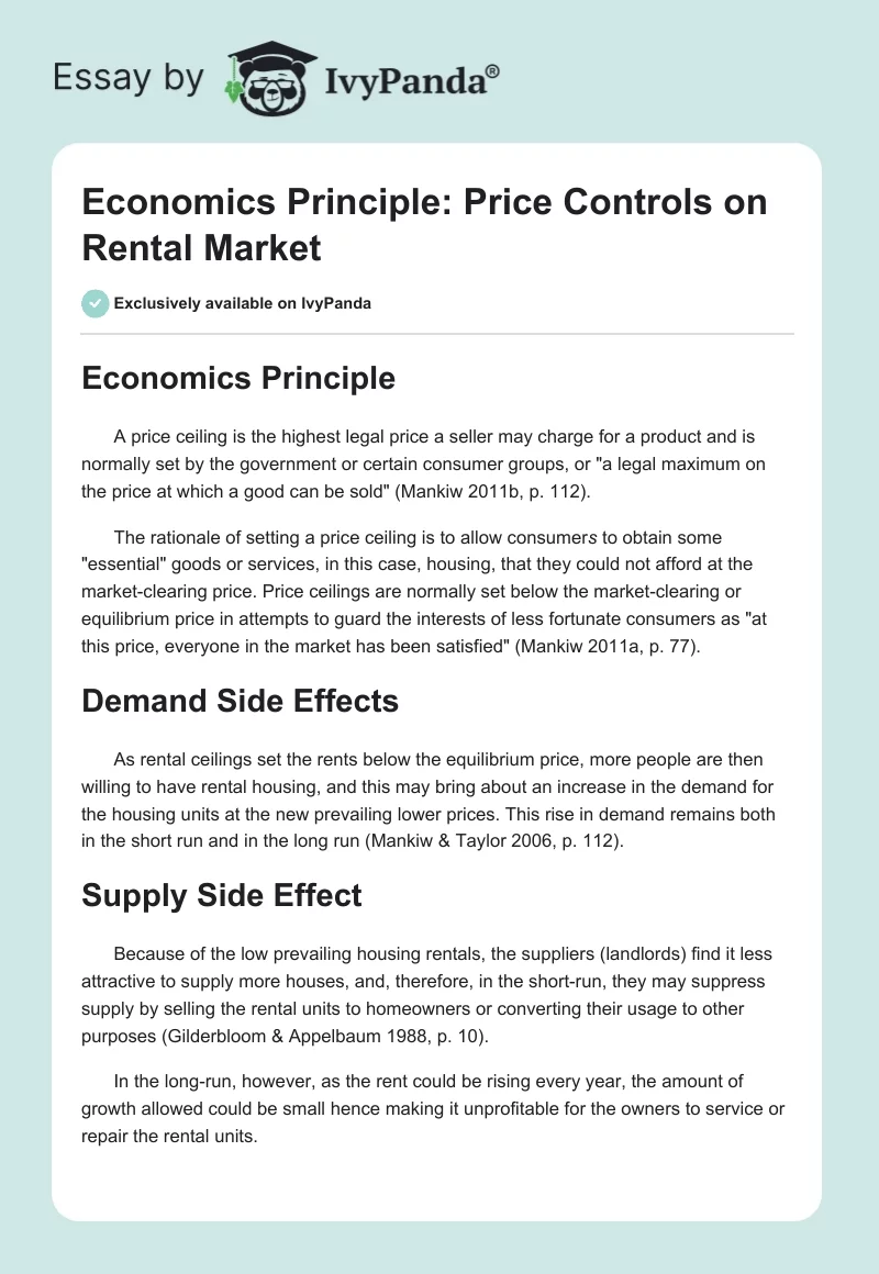 Economics Principle: Price Controls on Rental Market. Page 1